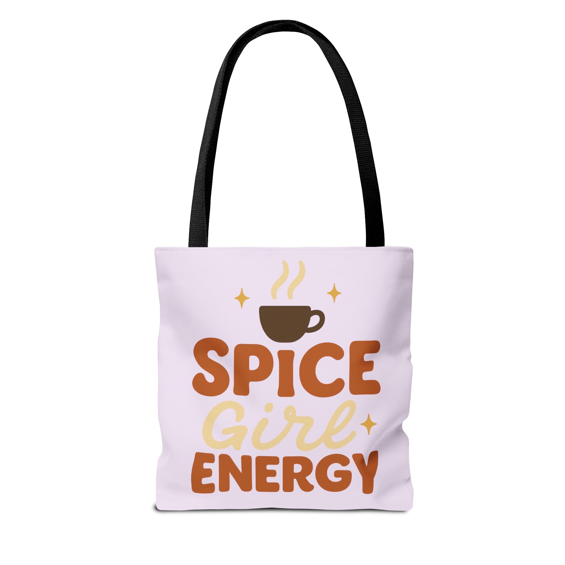 Lilac “Spice Girl Energy” tote bag with black straps — pastel purple coffee-inspired tote featuring retro lettering and cozy fall design.