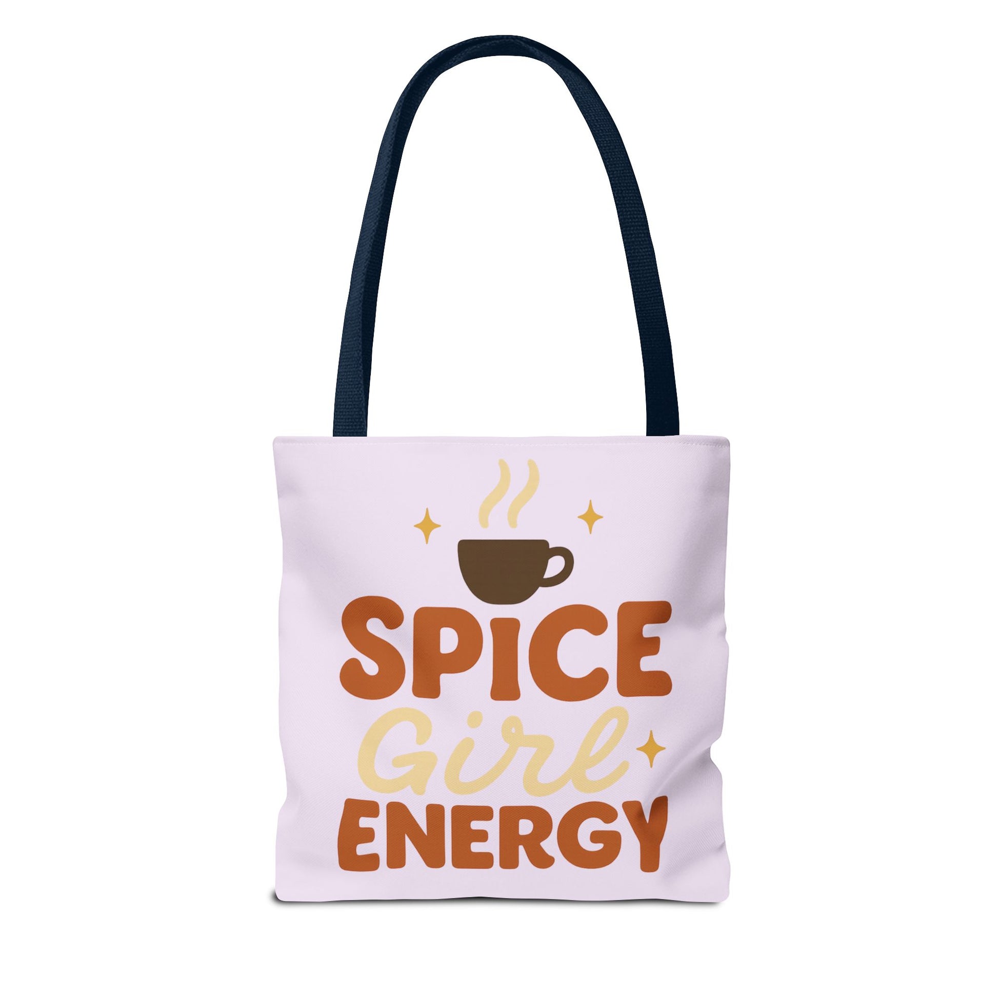Lilac “Spice Girl Energy” tote bag with navy straps — purple fall tote featuring coffee cup graphic and retro typography.