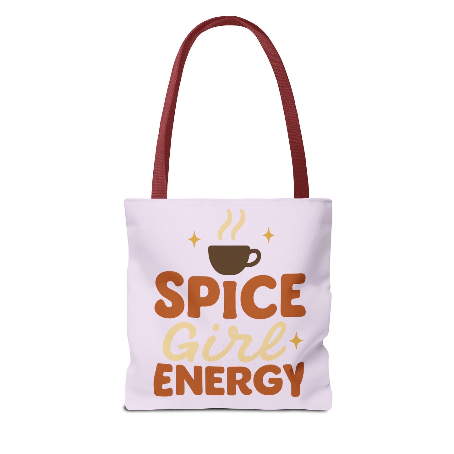 Lilac “Spice Girl Energy” tote bag with red straps — cozy pastel coffee-lover tote with retro lettering and warm fall vibe.