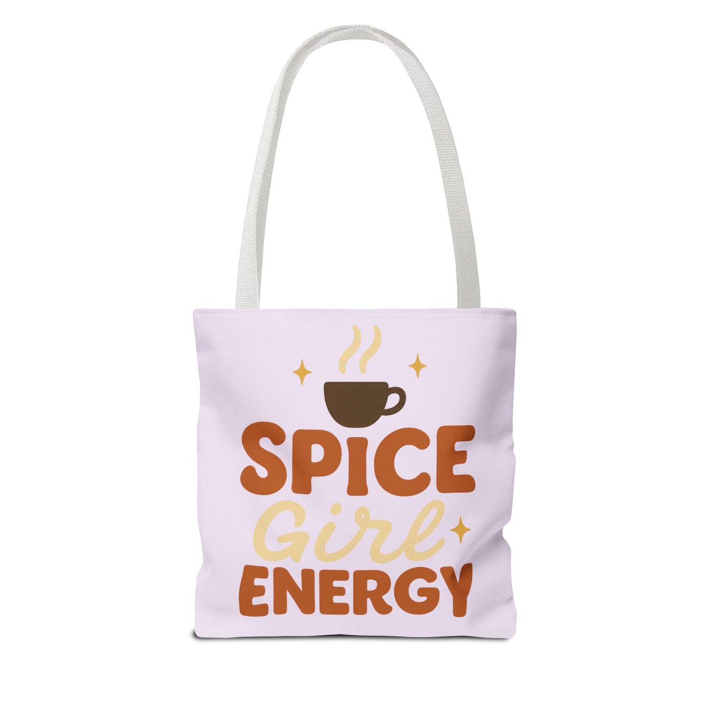 Lilac “Spice Girl Energy” tote bag with white straps — pastel purple coffee-lover tote with uplifting retro design for cozy season.