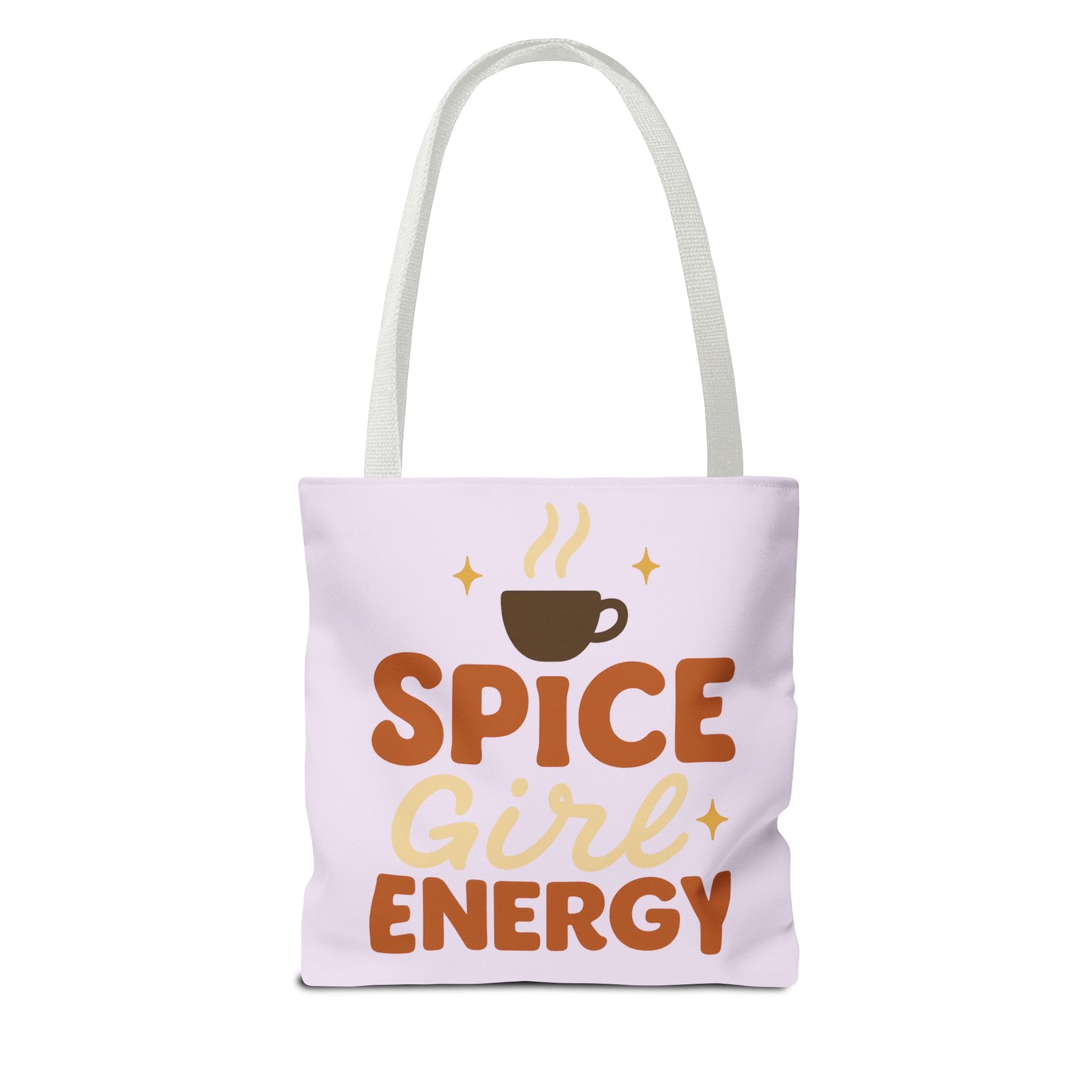 Lilac “Spice Girl Energy” tote bag with white straps — pastel purple coffee-lover tote with uplifting retro design for cozy season.