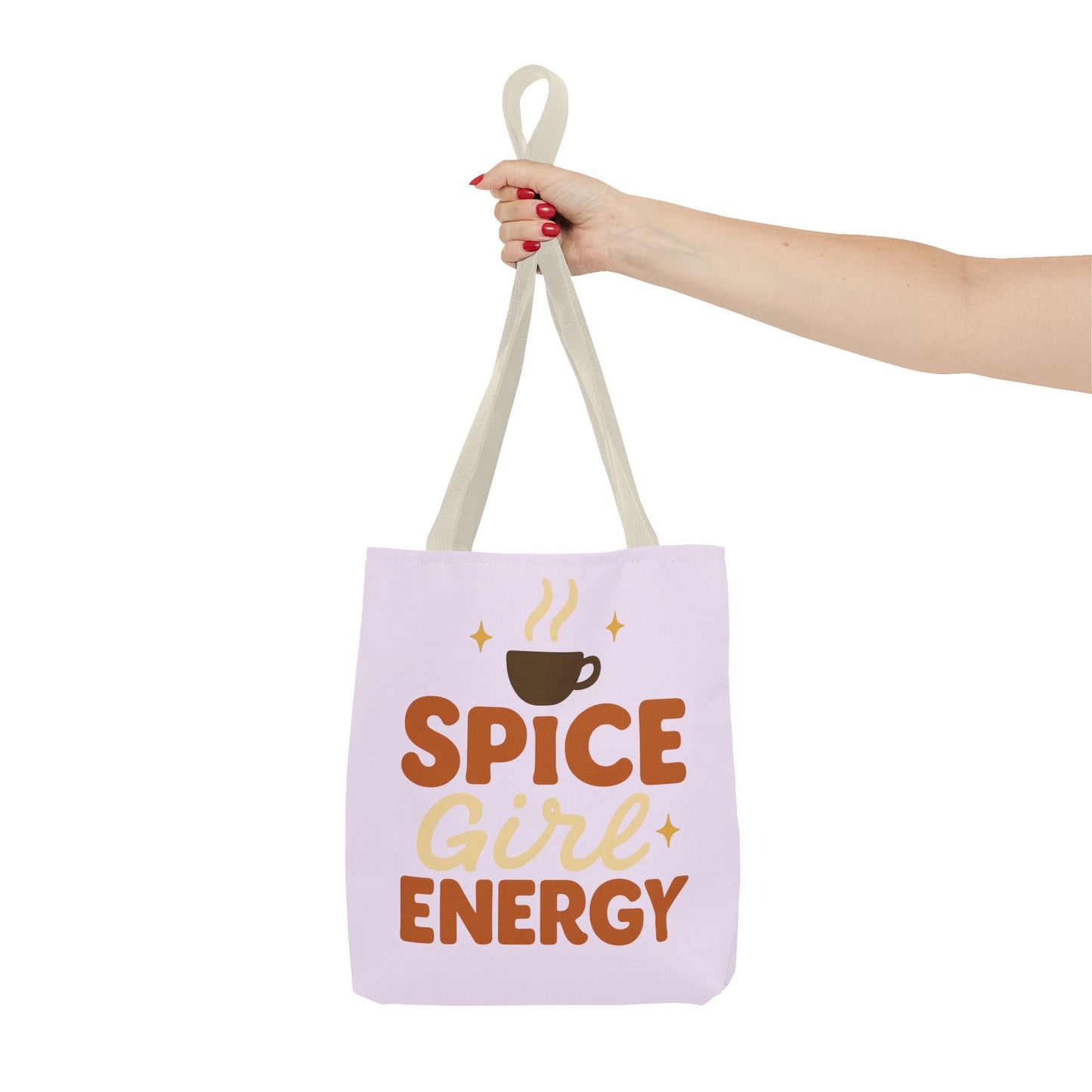 Beige-handled lilac “Spice Girl Energy” tote bag held in hand — cute coffee-themed pastel tote perfect for fall fashion lovers.
