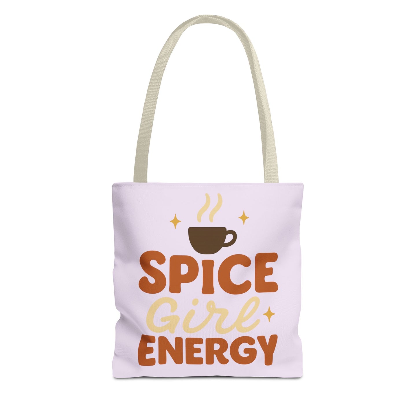 Lilac “Spice Girl Energy” tote bag with beige straps — pastel purple coffee-lover tote with retro lettering and cozy fall aesthetic.