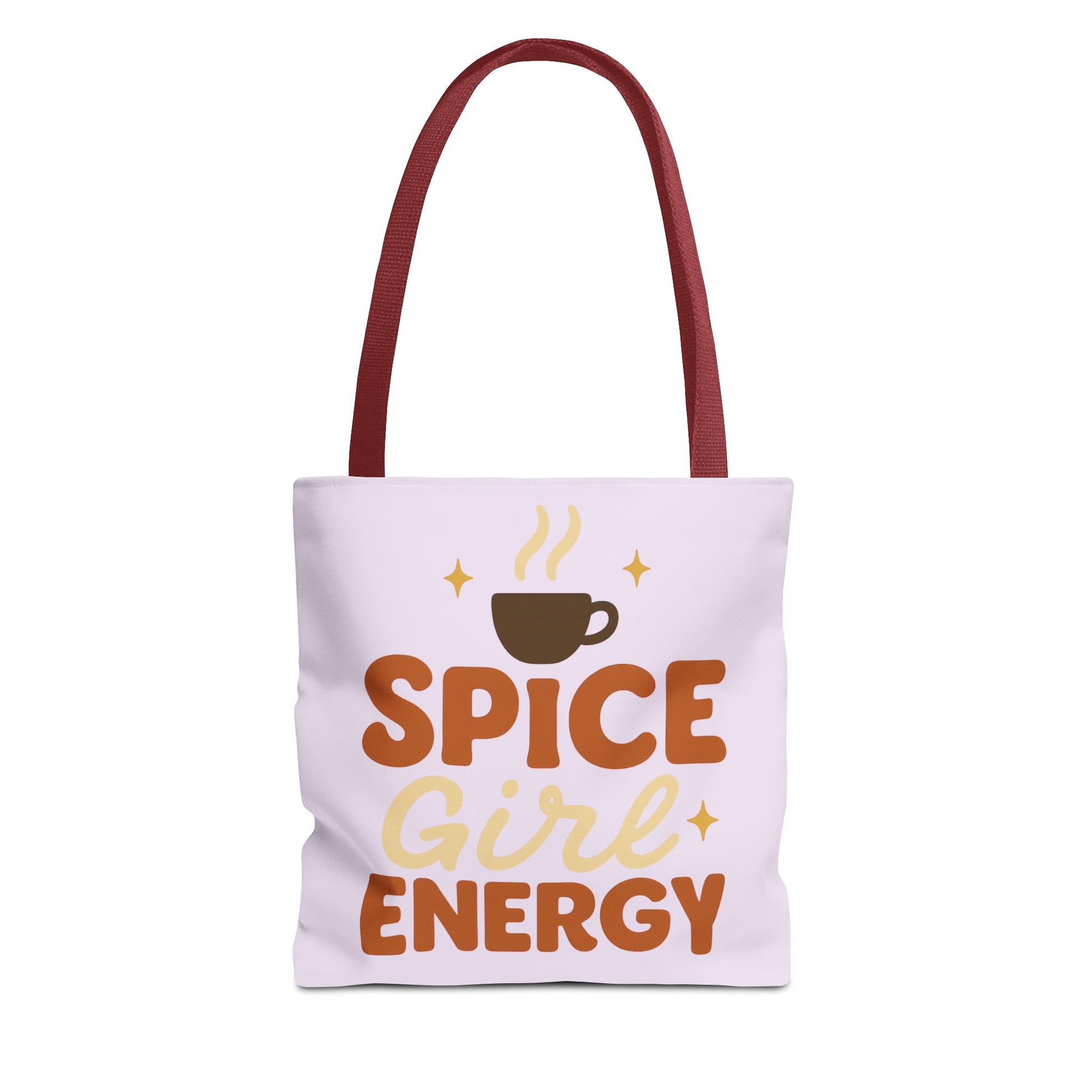 Lilac “Spice Girl Energy” tote bag with red straps — cozy pastel coffee-lover tote with retro lettering and warm fall vibe.