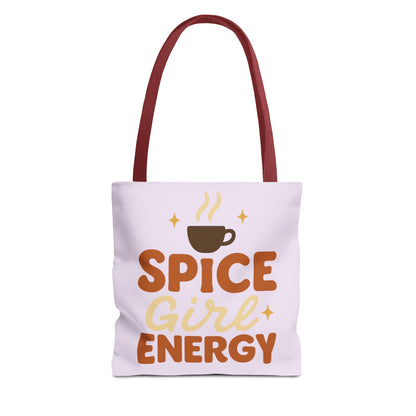 Lilac “Spice Girl Energy” tote bag with red straps — cozy pastel coffee-lover tote with retro lettering and warm fall vibe.