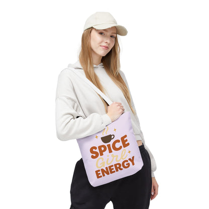 Model wearing lilac “Spice Girl Energy” tote bag with white handles — trendy pastel tote bag for coffee lovers and cozy fashion.