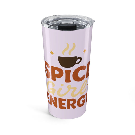 Lilac “Spice Girl Energy” 20 oz tumbler with steaming coffee cup design — cozy fall travel mug for pumpkin spice and coffee lovers.