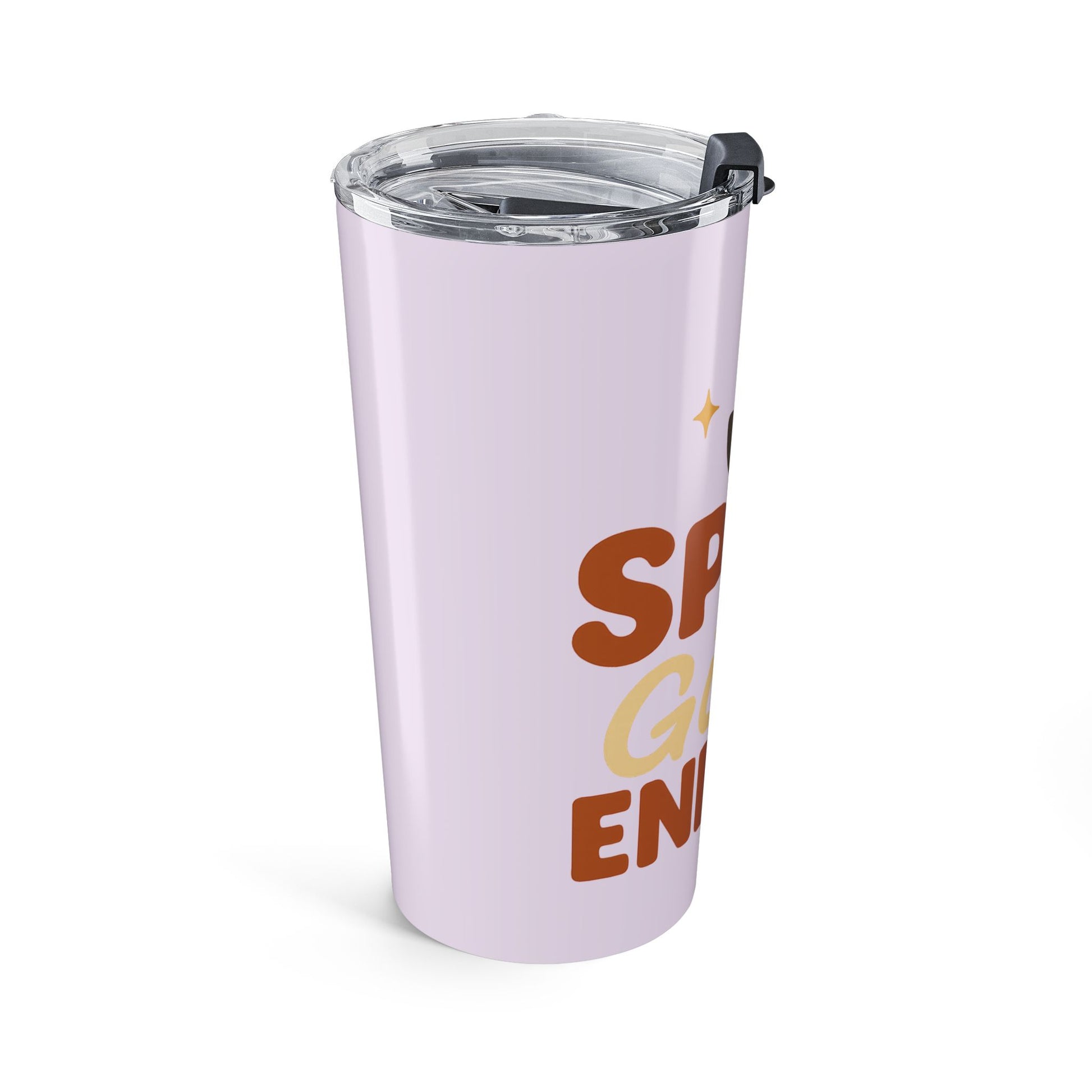 Lilac “Spice Girl Energy” tumbler side view — reusable stainless steel travel cup with coffee-inspired design.