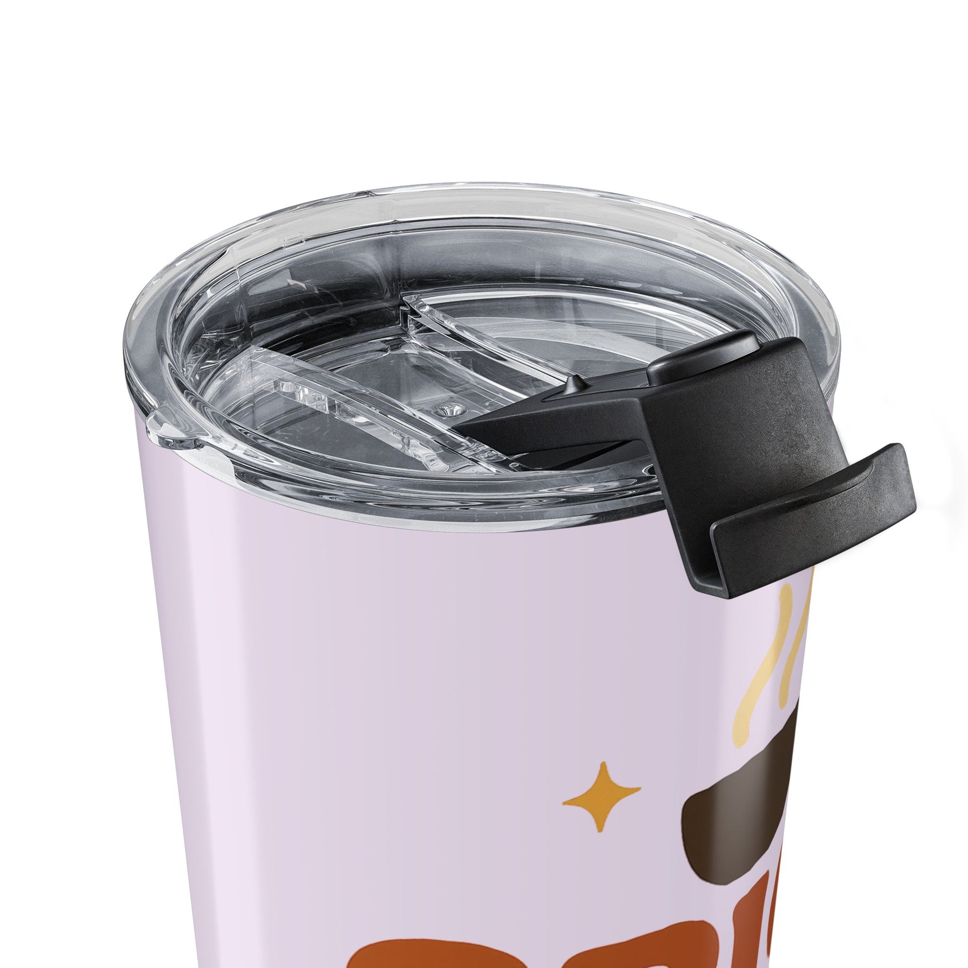 Close-up of lilac “Spice Girl Energy” tumbler lid — clear sliding top for spill-resistant sipping on the go.