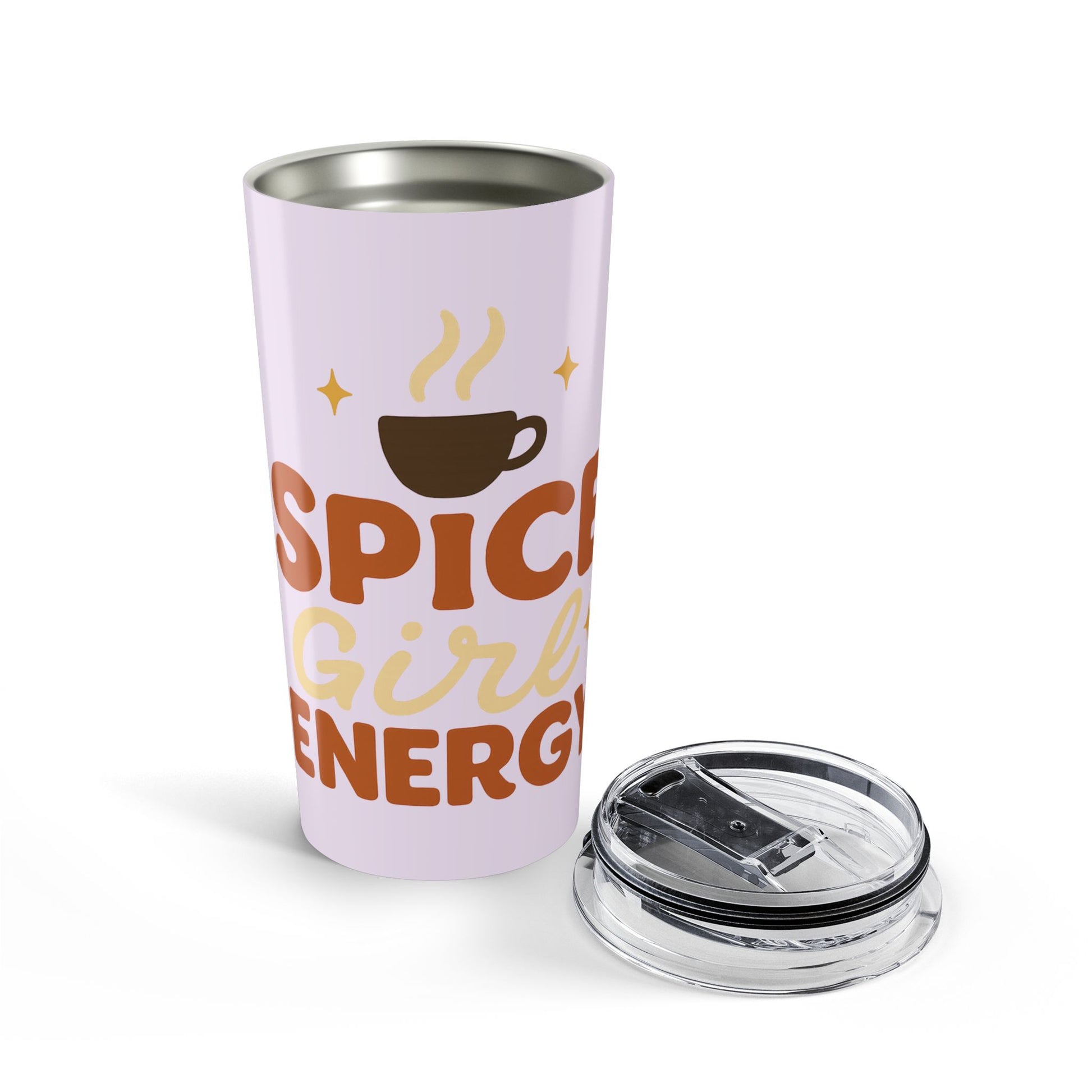Lilac “Spice Girl Energy” tumbler with removable lid — stainless steel interior for hot or cold drinks, perfect coffee gift.