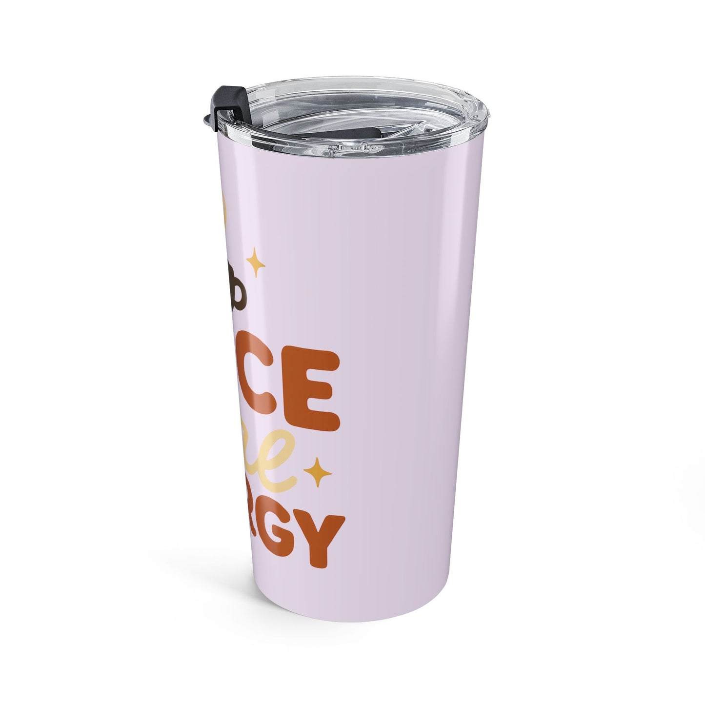 Lilac “Spice Girl Energy” tumbler showing right side — fun retro typography with coffee cup and star accents.
