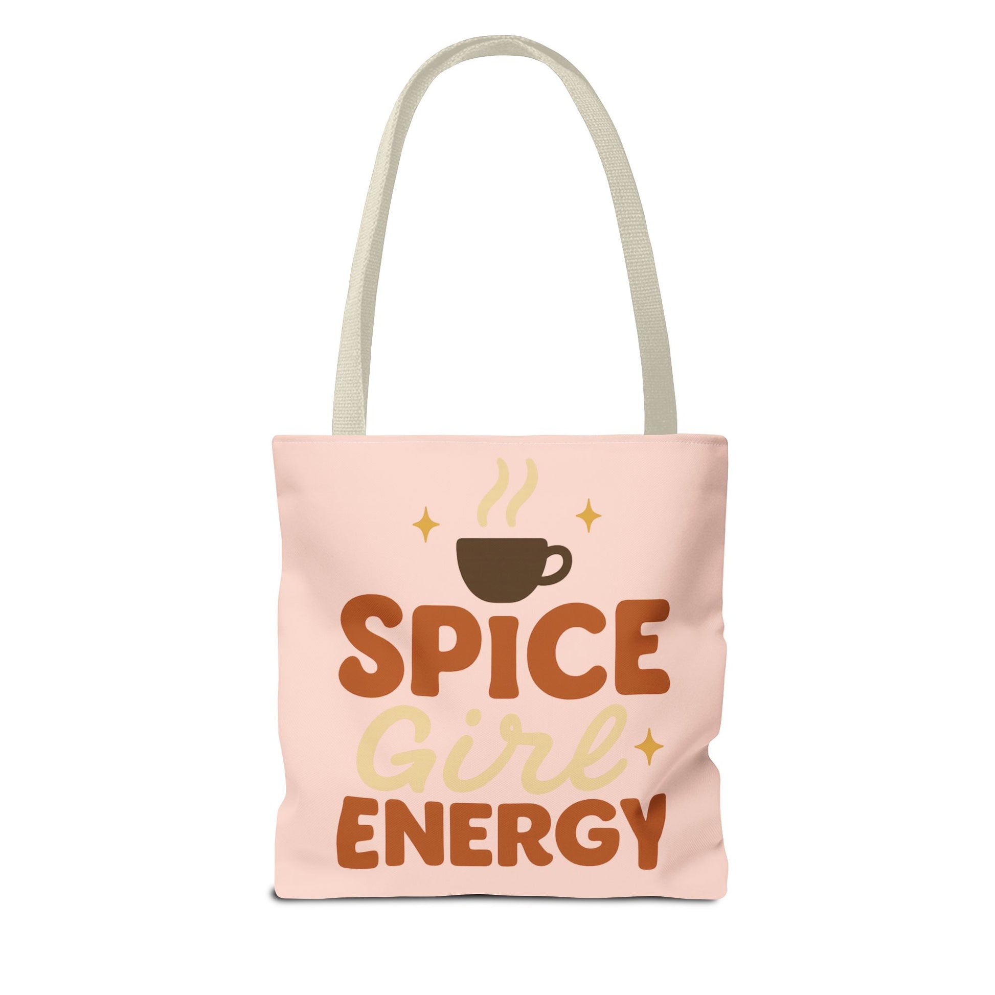 Pale pink “Spice Girl Energy” tote bag with beige straps — cozy pastel tote featuring retro coffee design and fall aesthetic.