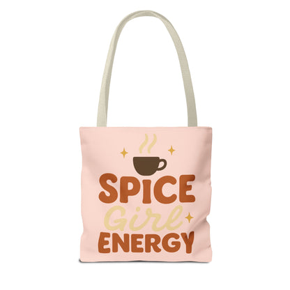 Pale pink “Spice Girl Energy” tote bag with beige straps — cozy pastel tote featuring retro coffee design and fall aesthetic.
