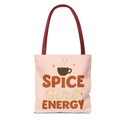Pale pink “Spice Girl Energy” tote bag with red straps — coffee-inspired pastel tote featuring retro typography and warm fall design.