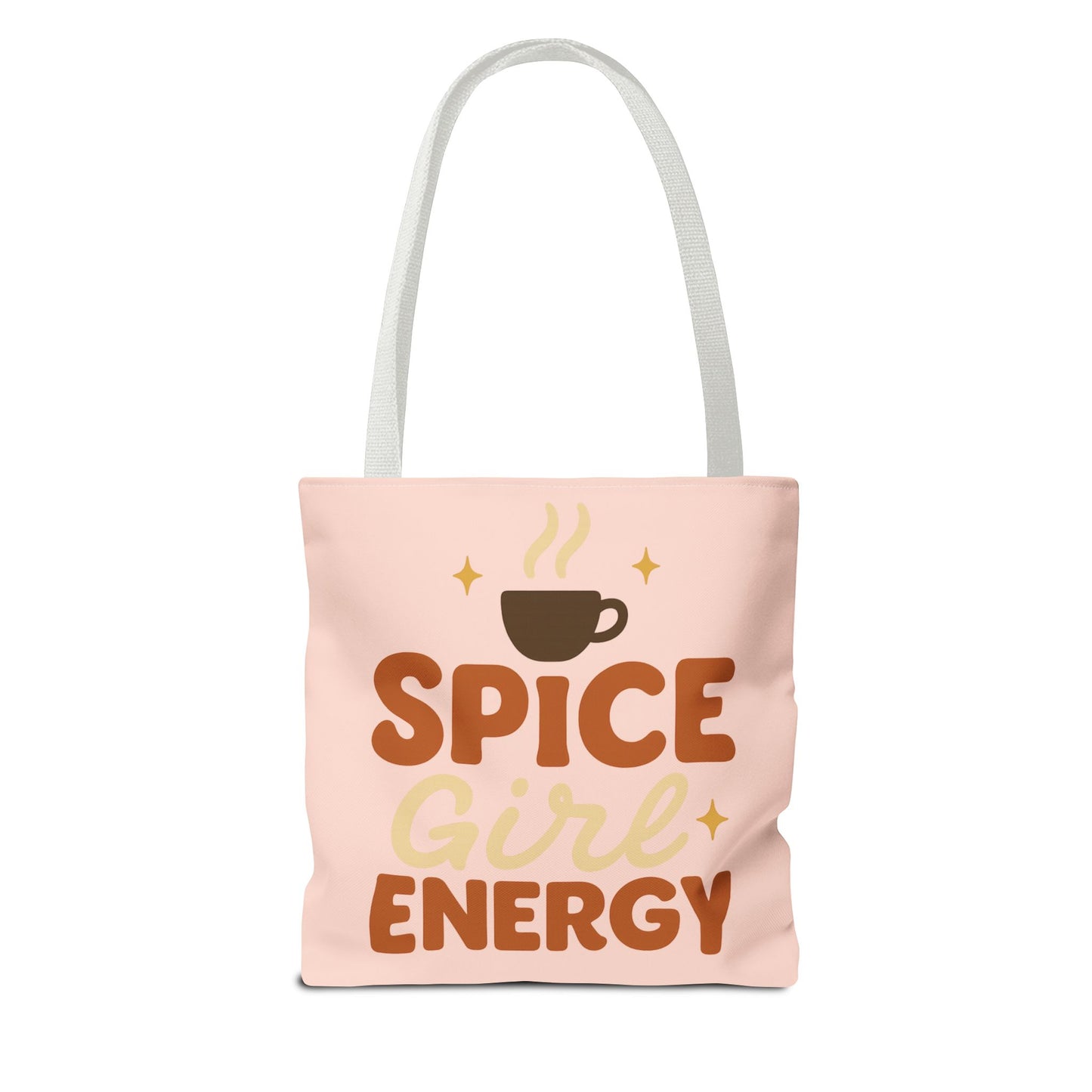 Pale pink “Spice Girl Energy” tote bag with white straps — soft pastel coffee-lover tote featuring cozy autumn design and warm hues.