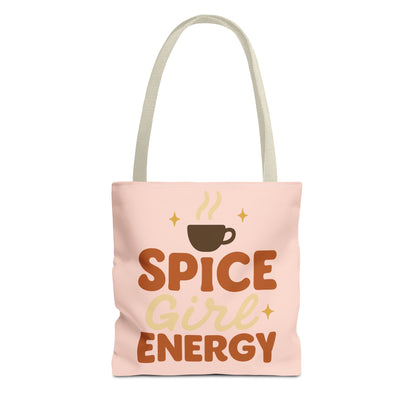 Pale pink “Spice Girl Energy” tote bag with beige straps — cozy pastel tote featuring retro coffee design and fall aesthetic.
