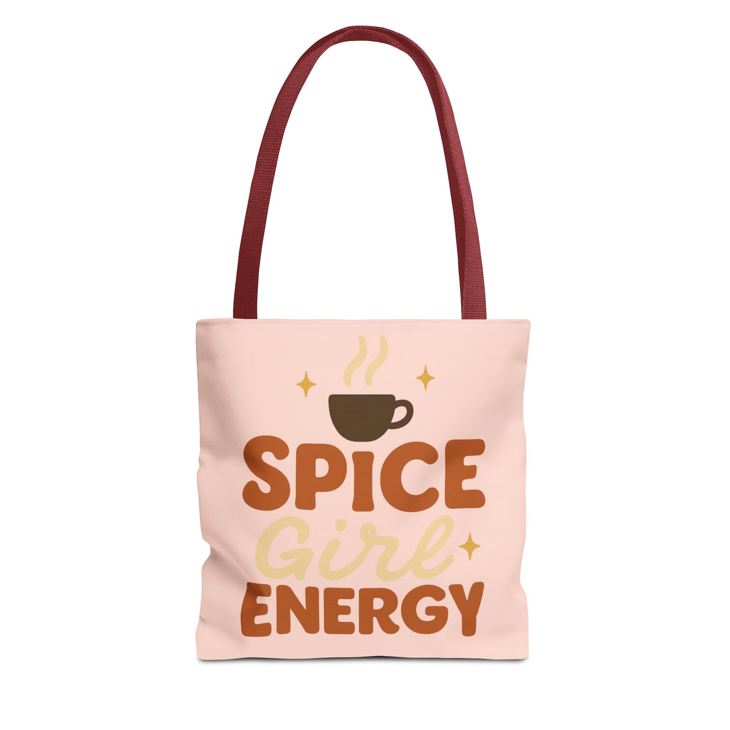 Pale pink “Spice Girl Energy” tote bag with red straps — coffee-inspired pastel tote featuring retro typography and warm fall design.