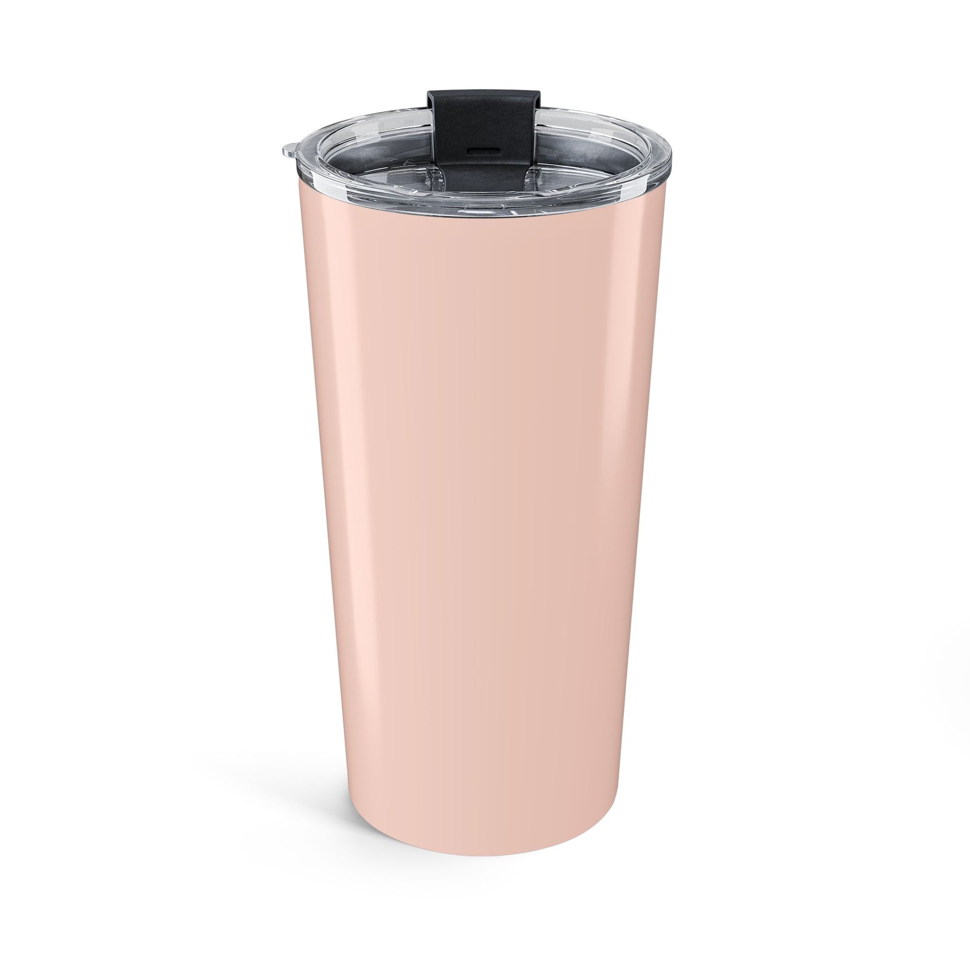 Solid pale pink stainless steel tumbler with glossy finish and clear lid — minimalist reusable drinkware for daily use.