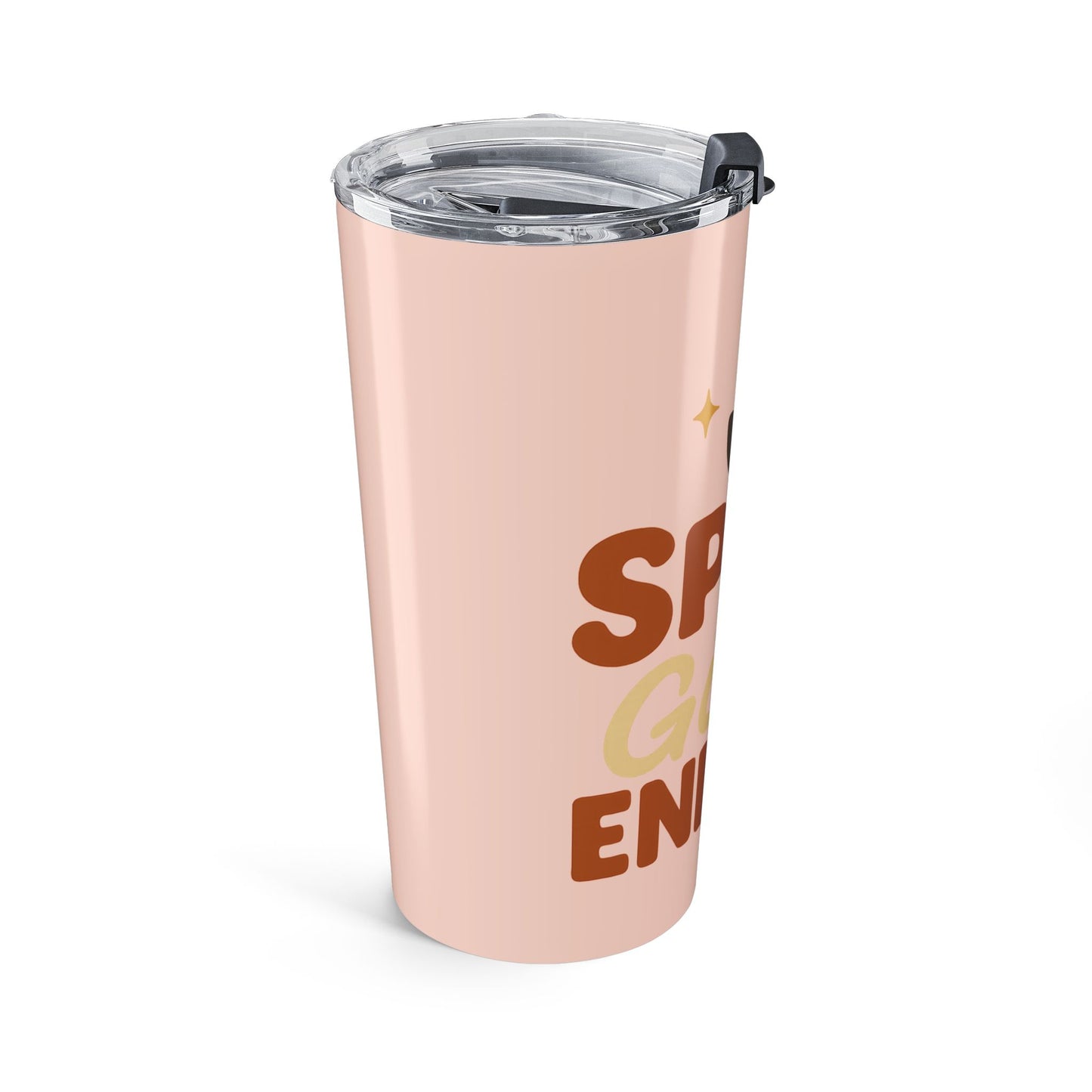 Pale pink “Spice Girl Energy” tumbler side view — stylish fall coffee travel cup with warm retro lettering.