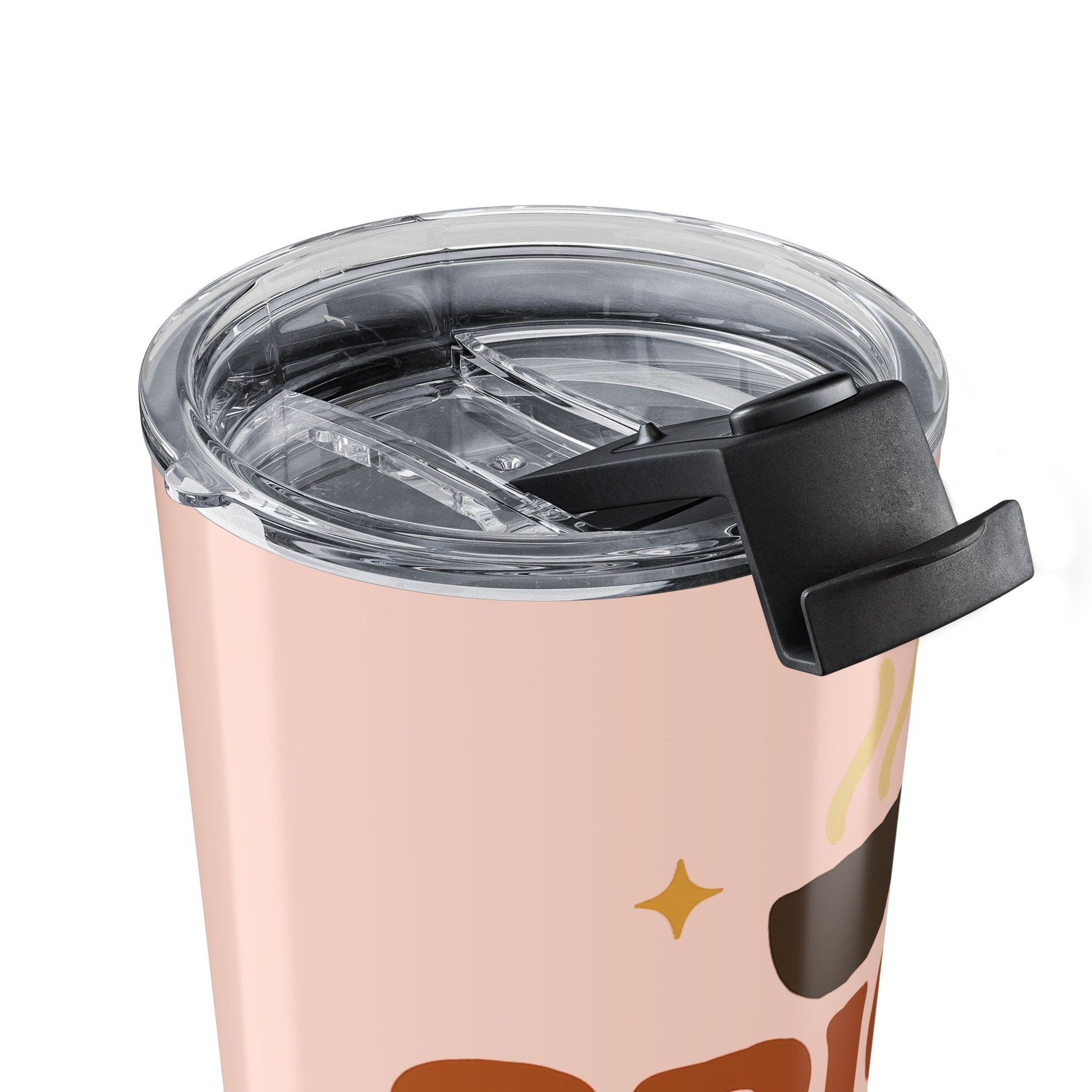 Close-up of pale pink “Spice Girl Energy” tumbler lid — clear slide-top design for spill-resistant sipping on the go.
