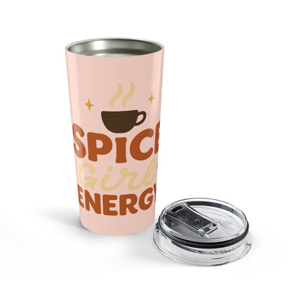 Pale pink “Spice Girl Energy” tumbler with removable lid — stainless steel interior, perfect gift for pumpkin spice and latte lovers.