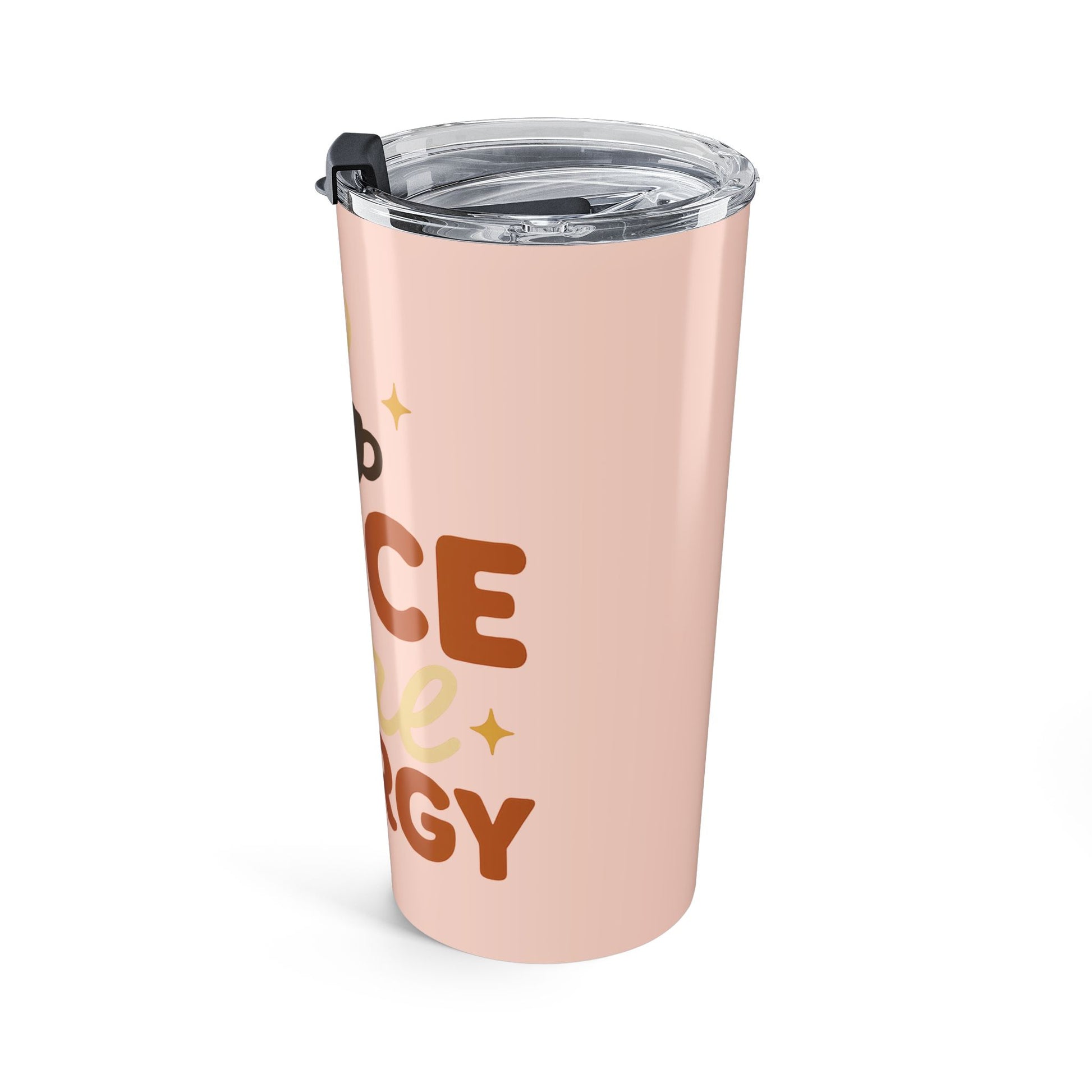Pale pink “Spice Girl Energy” tumbler showing right side — reusable stainless steel mug for cozy coffee lovers.