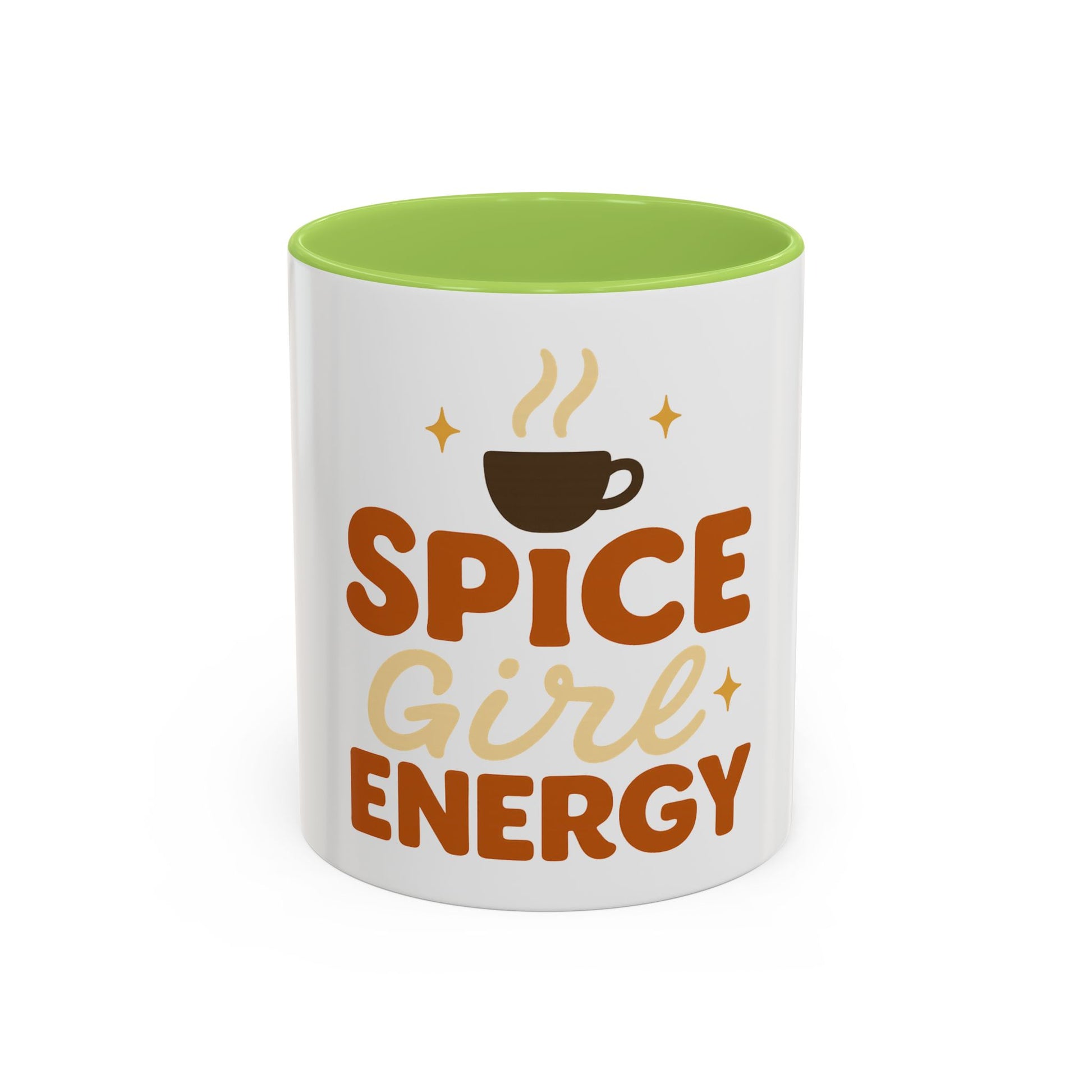 Green accent 11 oz coffee mug with “Spice Girl Energy” design — white ceramic cup with light green interior and handle, perfect for fall mornings and pumpkin spice lovers.