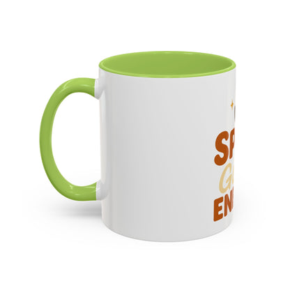 Right-side view of green “Spice Girl Energy” mug — modern white ceramic coffee cup with green handle and warm retro lettering.