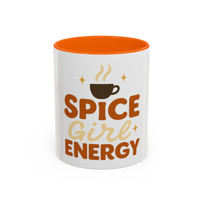 Orange accent 11 oz “Spice Girl Energy” mug — white ceramic coffee cup with bold orange interior and handle, retro fall drinkware perfect for pumpkin spice season.