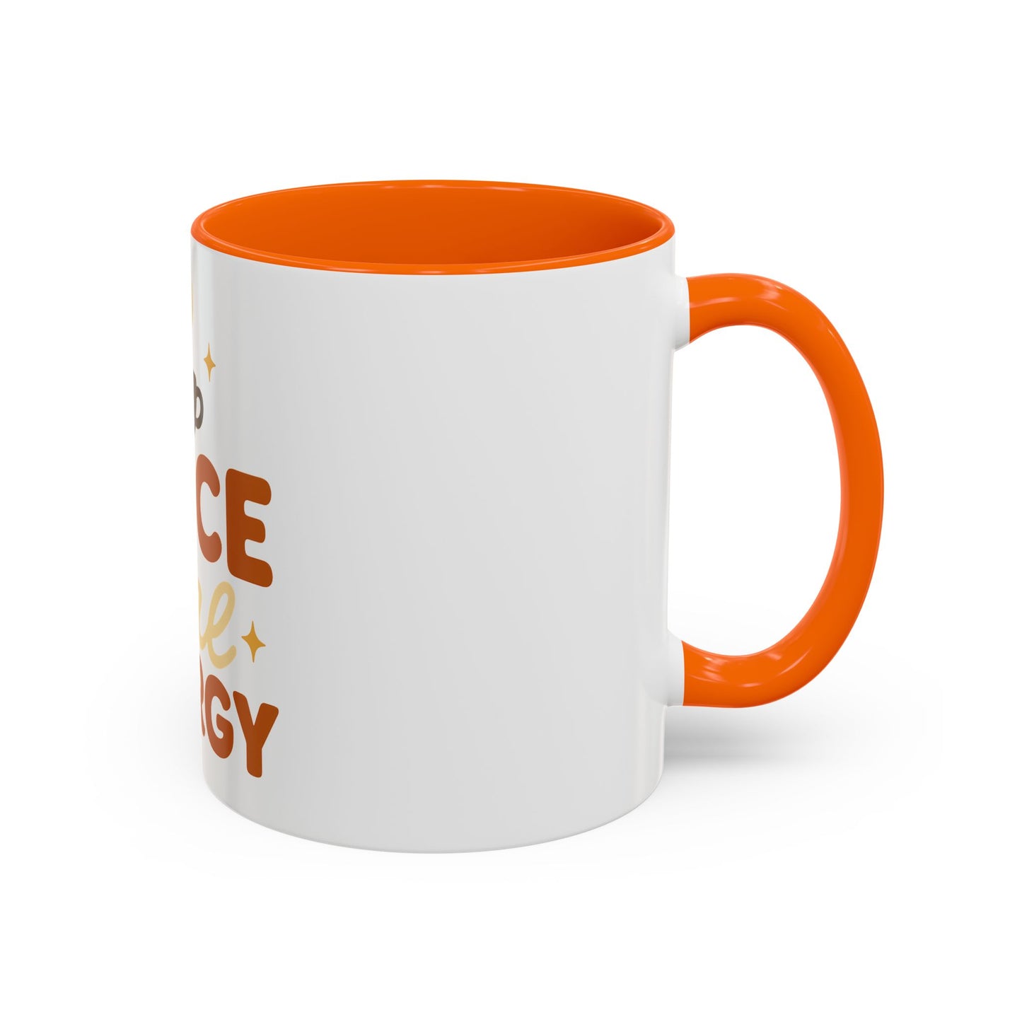 Orange accent 11 oz coffee mug with “Spice Girl Energy” design — white ceramic mug with bright orange handle and interior, perfect for fall coffee lovers and pumpkin spice vibes.