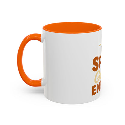 Right-side view of orange “Spice Girl Energy” ceramic mug — fun white coffee cup with bold orange accent handle and cozy fall typography.