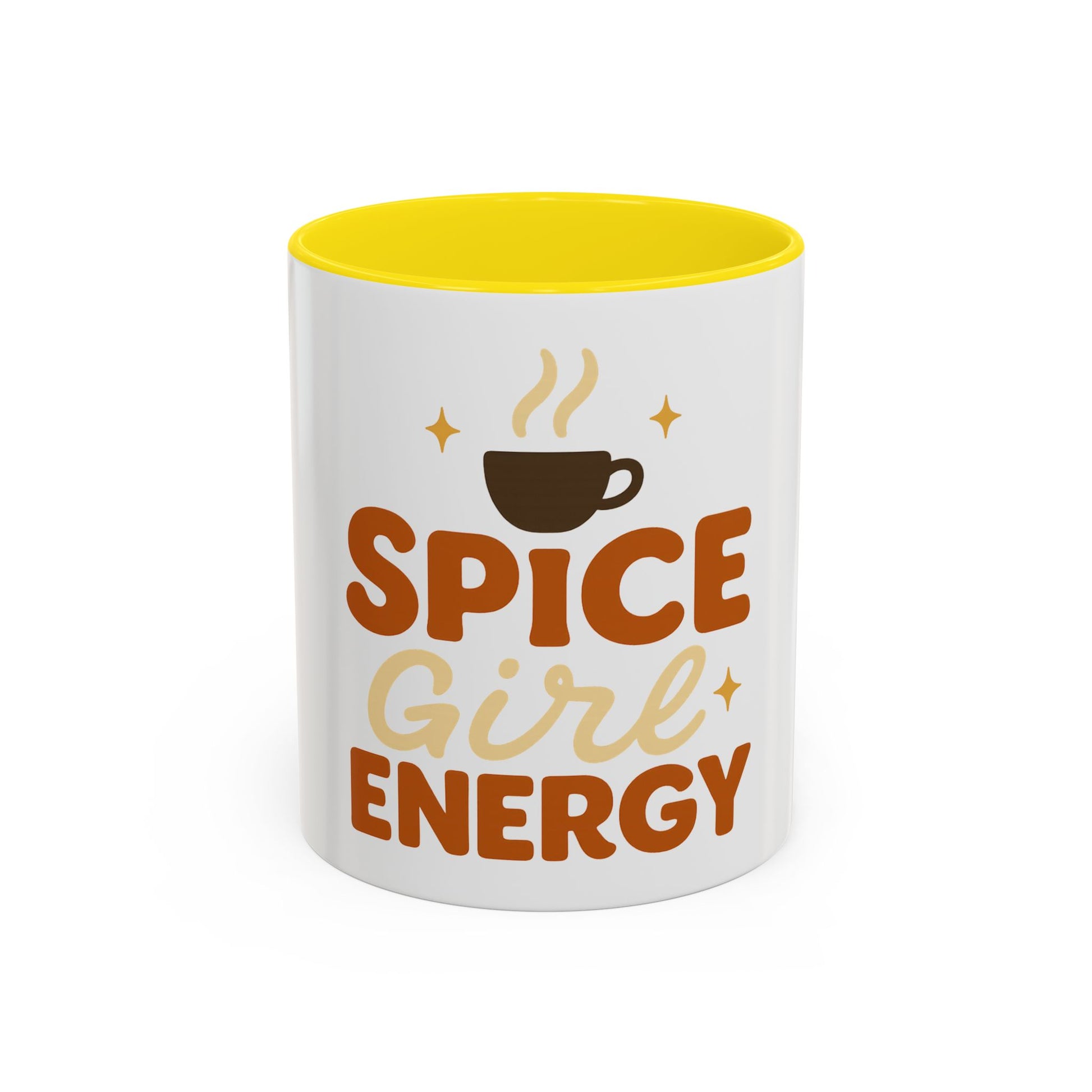Yellow accent 11 oz “Spice Girl Energy” mug — cheerful white ceramic coffee cup with bright yellow interior and handle, cozy autumn drinkware for coffee and tea lovers.