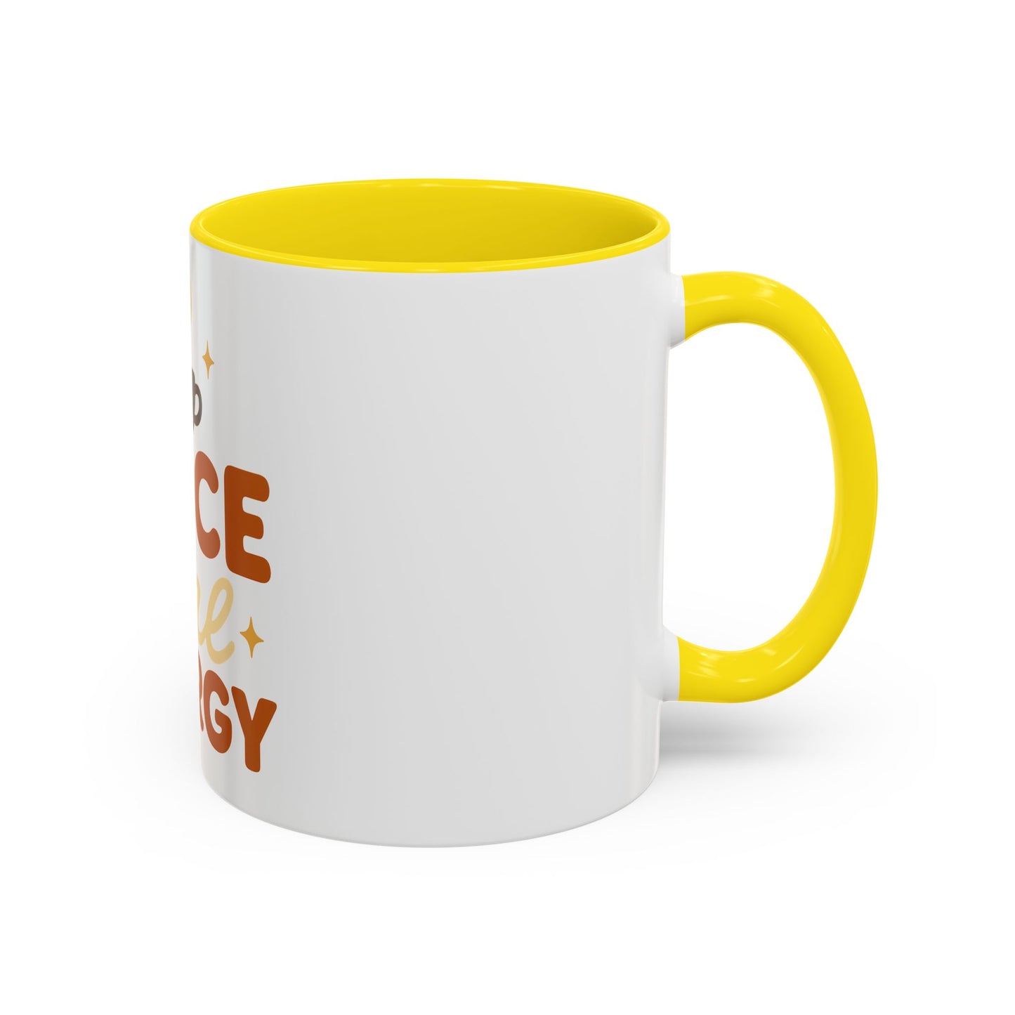 Yellow accent 11 oz coffee mug with “Spice Girl Energy” design — white ceramic mug with yellow handle and interior, perfect for fall coffee lovers.