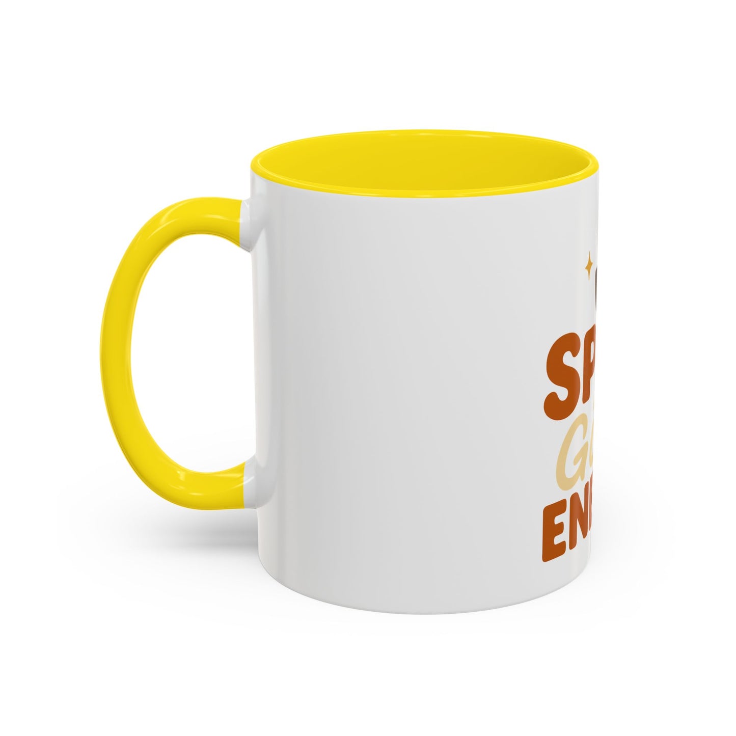 Right-side view of yellow “Spice Girl Energy” ceramic mug — cozy retro coffee cup with bright yellow handle and warm fall design.