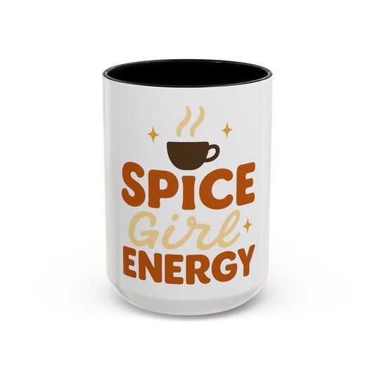 Black accent 15 oz coffee mug with “Spice Girl Energy” design — white ceramic mug with glossy black interior and handle, perfect for cozy fall mornings and pumpkin-spice lovers.