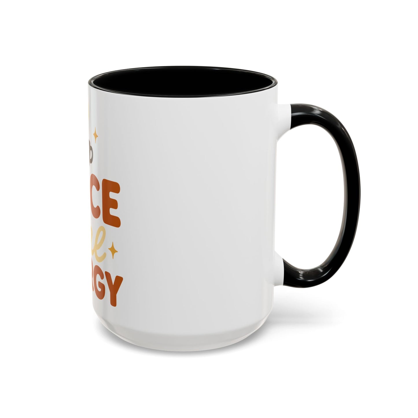 Black accent 15 oz coffee mug with “Spice Girl Energy” design — white ceramic mug featuring a sleek black handle and interior, cozy fall drinkware for coffee lovers.
