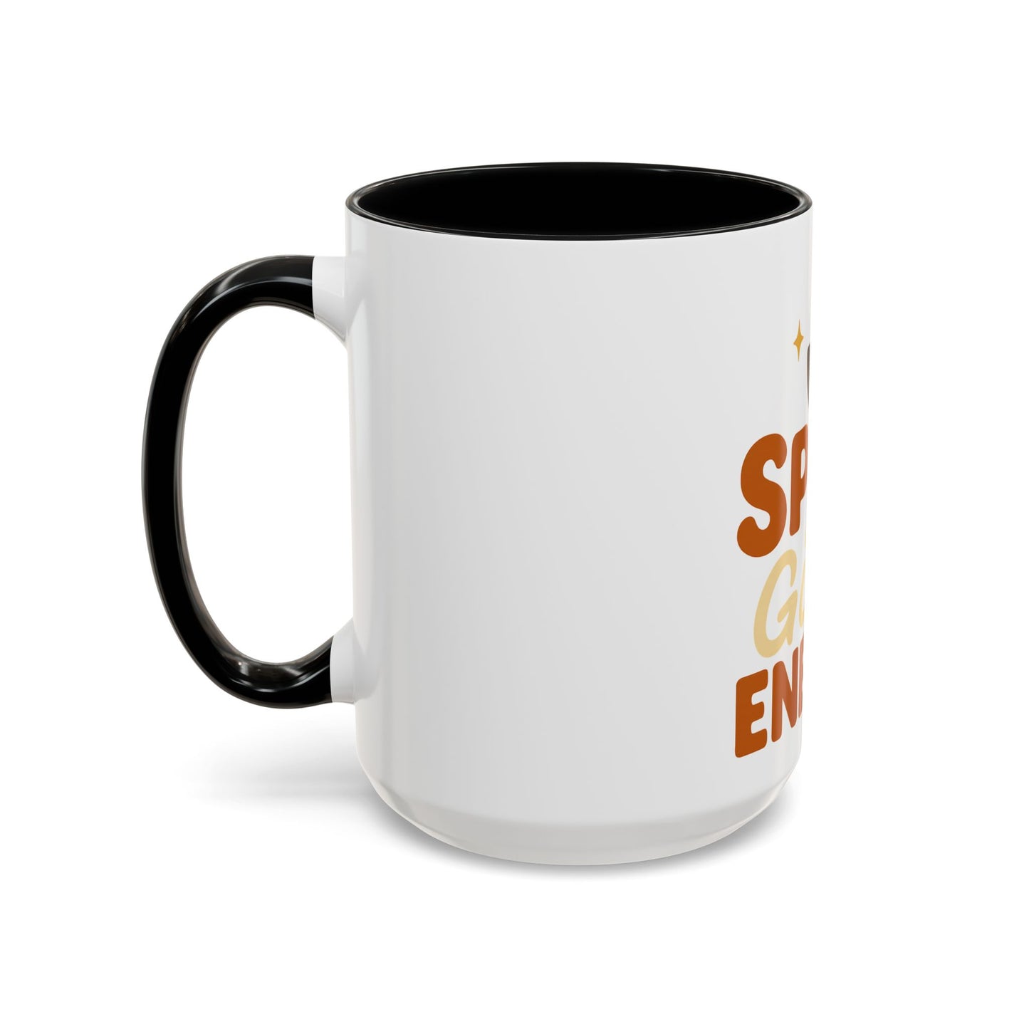 Right-side view of black “Spice Girl Energy” ceramic coffee mug — white 15 oz cup with bold black handle and minimalist fall typography.
