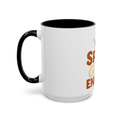 Right-side view of black “Spice Girl Energy” ceramic coffee mug — white 15 oz cup with bold black handle and minimalist fall typography.
