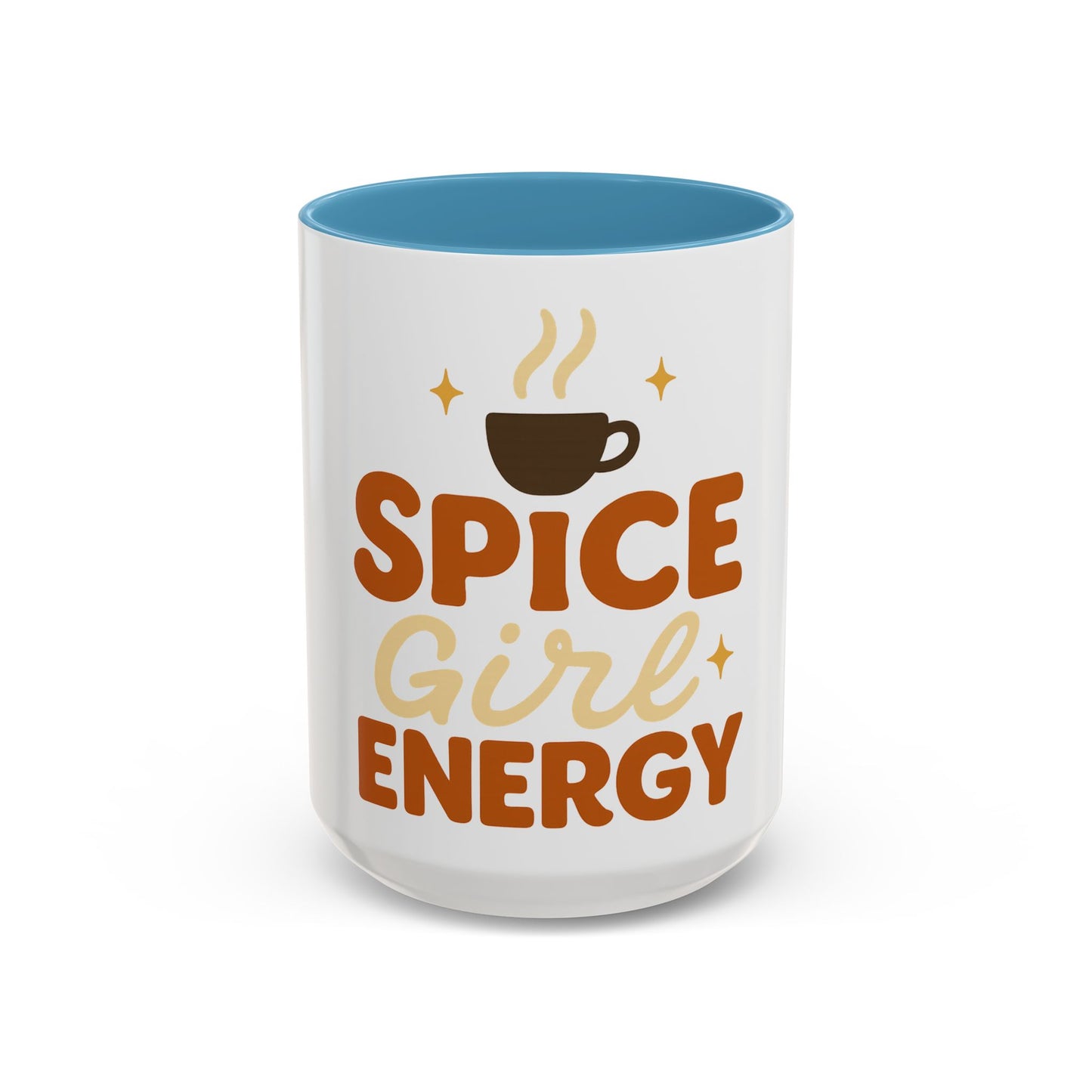 Light blue accent 15 oz “Spice Girl Energy” mug — white ceramic cup with pastel blue handle and interior, stylish fall coffee mug for daily motivation and comfort.