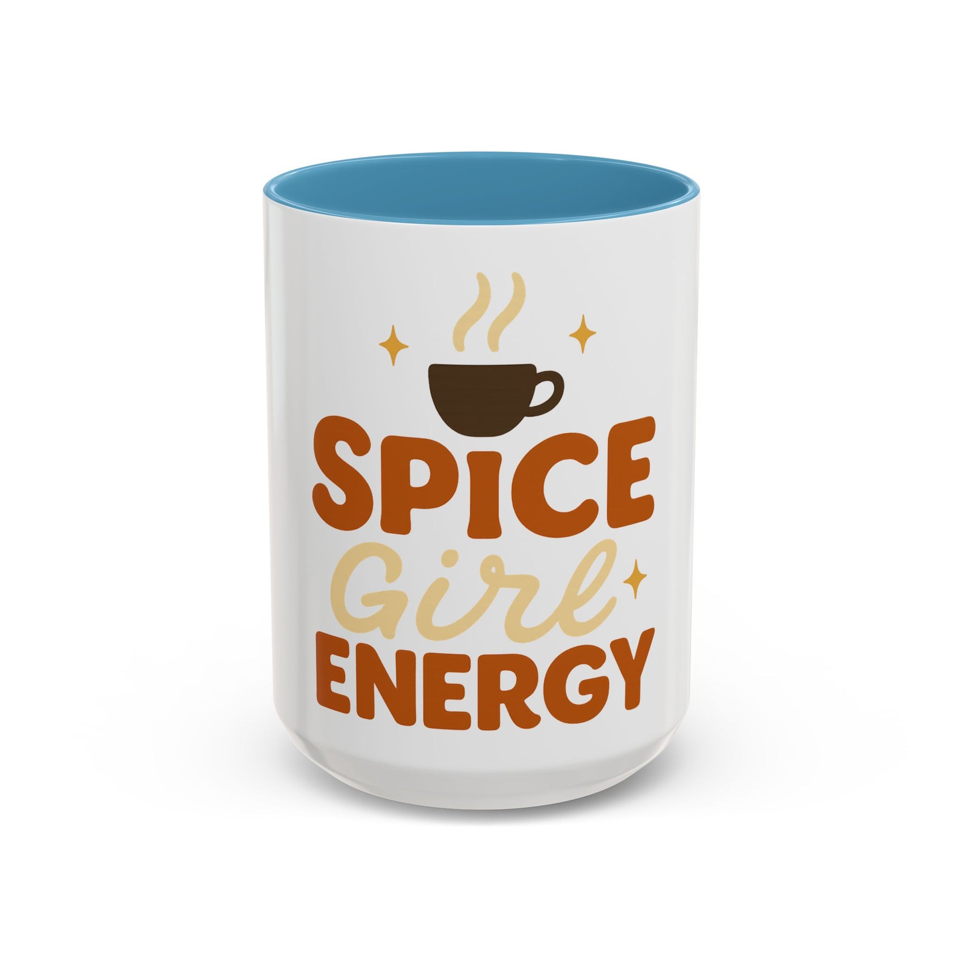 Light blue accent 15 oz “Spice Girl Energy” mug — white ceramic cup with pastel blue handle and interior, stylish fall coffee mug for daily motivation and comfort.