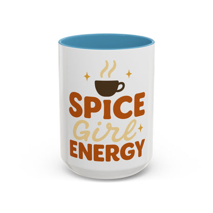 Light blue accent 15 oz “Spice Girl Energy” mug — white ceramic cup with pastel blue handle and interior, stylish fall coffee mug for daily motivation and comfort.