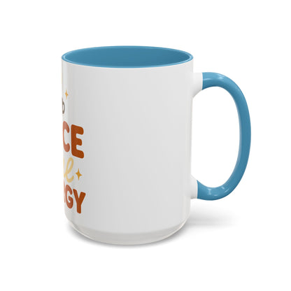 Light blue accent 15 oz coffee mug with “Spice Girl Energy” design — white ceramic mug featuring pastel blue handle and interior, perfect for cozy fall mornings.