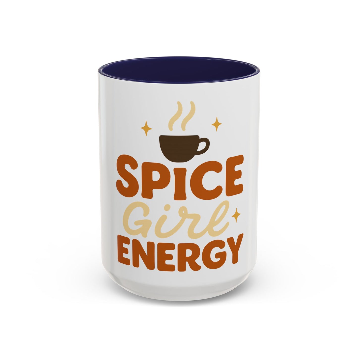 Navy accent 15 oz “Spice Girl Energy” coffee mug — white ceramic cup with deep navy blue interior and handle, warm fall-inspired drinkware for coffee or tea lovers.