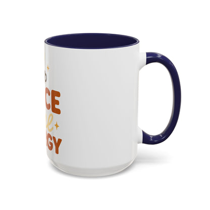 Navy accent 15 oz coffee mug with “Spice Girl Energy” design — white ceramic cup with deep navy blue handle and interior, perfect for coffee lovers and autumn vibes.