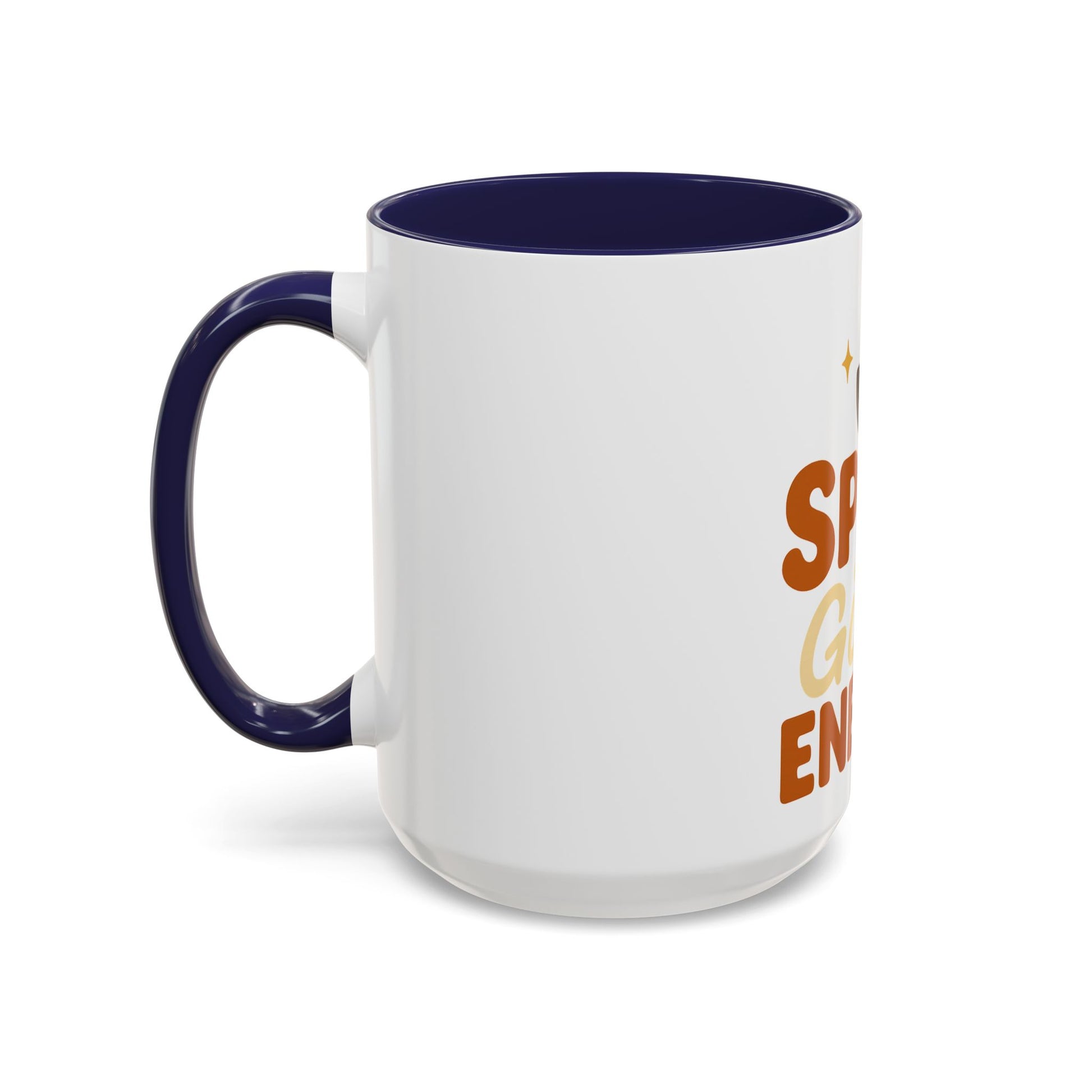Right-side view of navy “Spice Girl Energy” mug — modern white 15 oz ceramic coffee cup with navy handle and cozy fall-inspired design for daily coffee rituals.