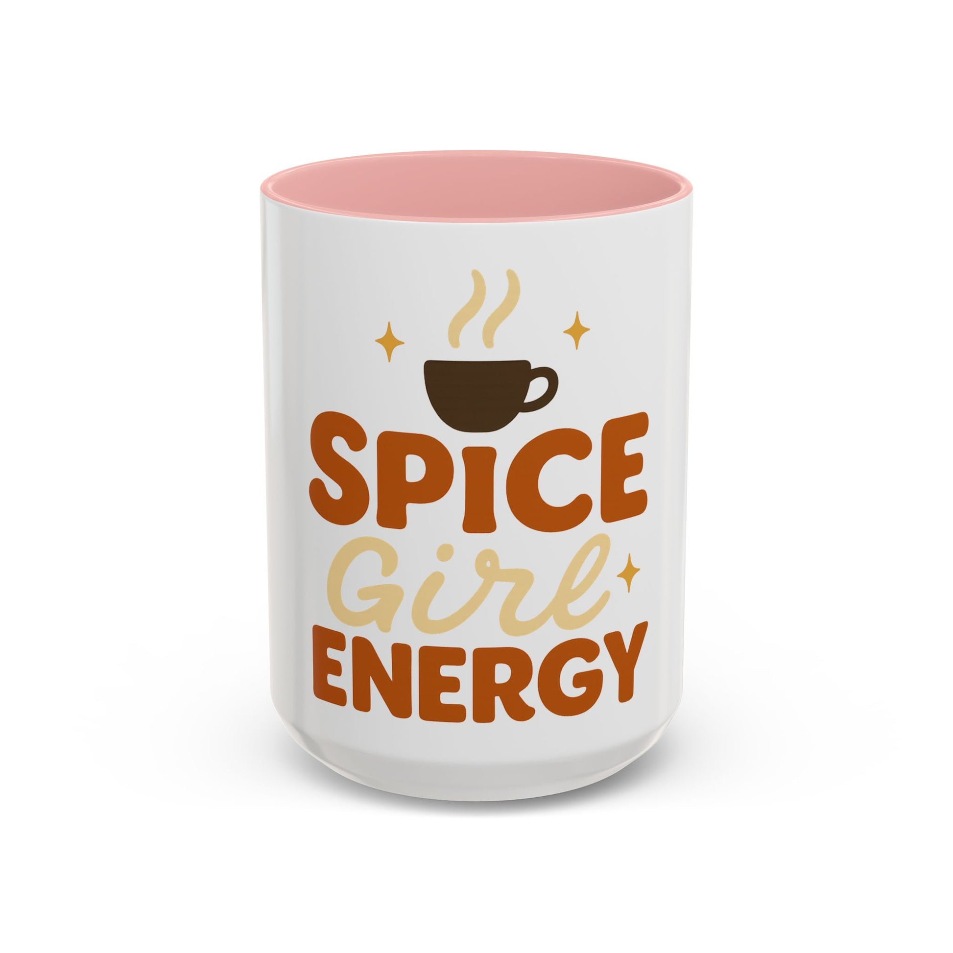 Pink accent 15 oz "Spice Girl Energy" mug - white ceramic coffee cup with soft blush pink interior handle, cute fall-inspired drinkware for cozy mornings.