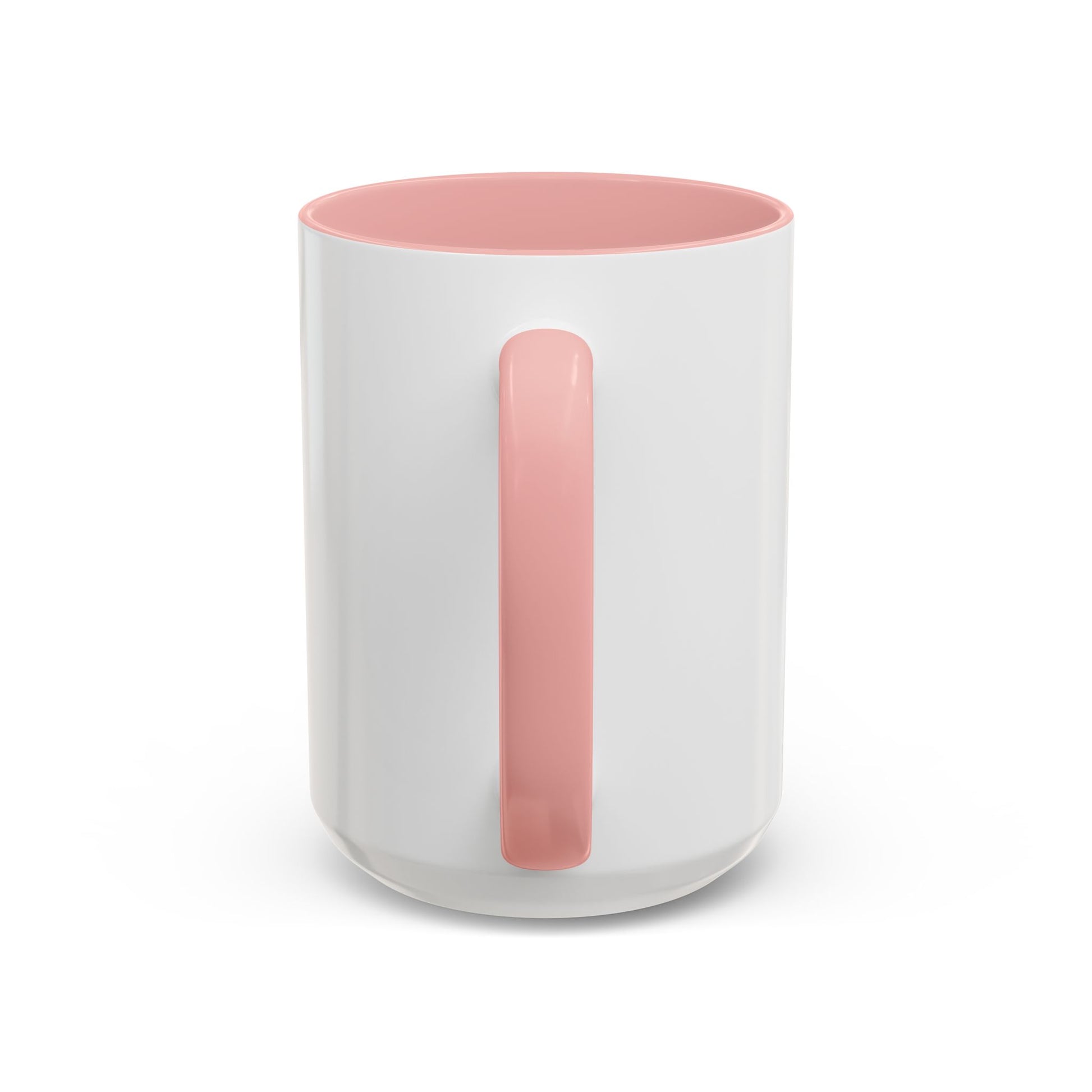 Back view of pink “Spice Girl Energy” 15 oz accent mug showing glossy pastel pink handle and matching interior — stylish gift for coffee or pumpkin spice fans.