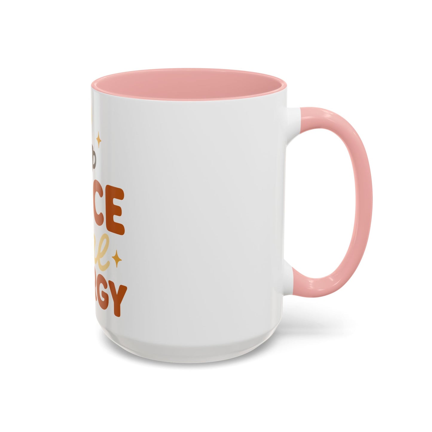 Pink accent 15 oz coffee mug with “Spice Girl Energy” design — white ceramic mug with soft blush pink handle and interior, perfect for cozy fall mornings or latte lovers.