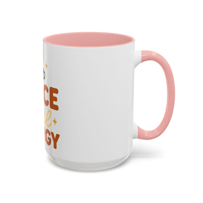 Pink accent 15 oz coffee mug with “Spice Girl Energy” design — white ceramic mug with soft blush pink handle and interior, perfect for cozy fall mornings or latte lovers.