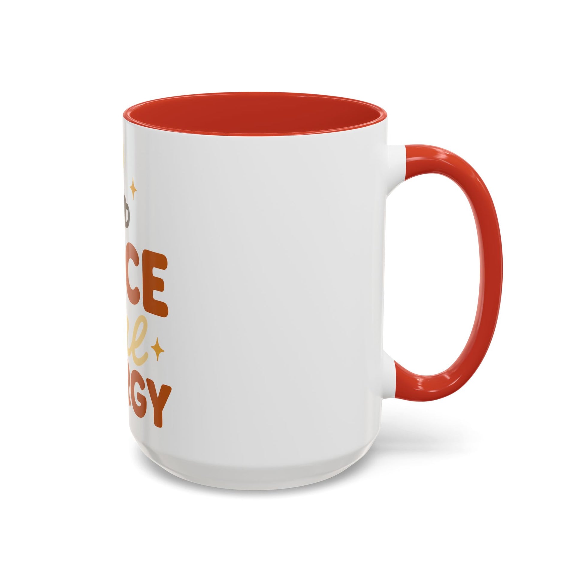 Red accent 15 oz coffee mug with “Spice Girl Energy” design — white ceramic mug with deep red handle and interior, cozy fall drinkware for pumpkin spice lovers.